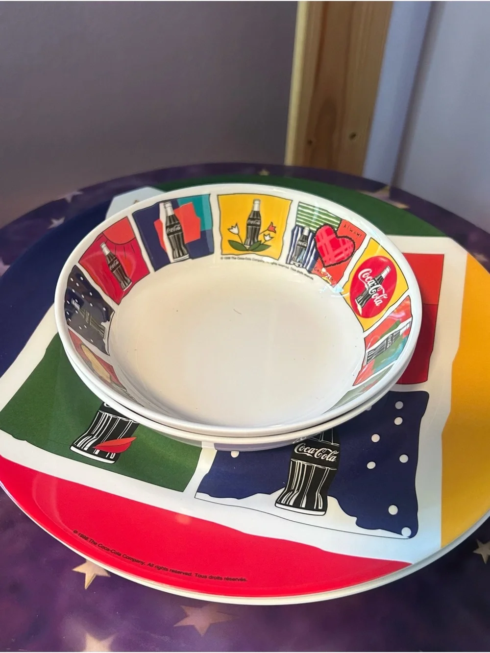 90s Coca Cola Bright Multi-Color Pop Art Dinnerware Set